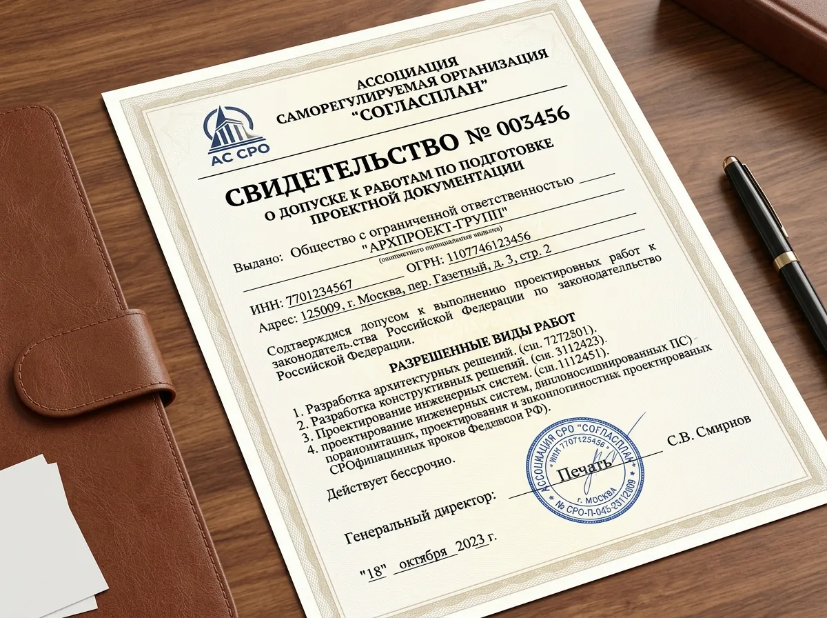 Свидетельство о допуске СРО к проектным работам: официальный бланк с печатью, наименование организации СогласПлан
